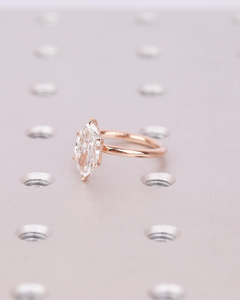Hidden Halo Lab Grown Diamond Ring, Art Deco 14k Rose Gold Marquise Engagement Ring image #5