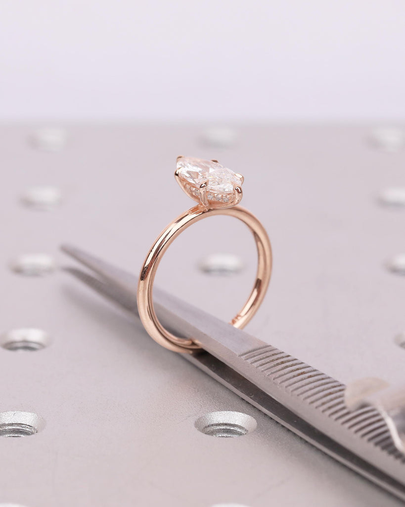 Hidden Halo Moissanite Engagement Ring, 14k/18k Rose Gold Marquise Ring, Personalized Handmade Jewelry, Minimalist Wedding Rings for Women image #2