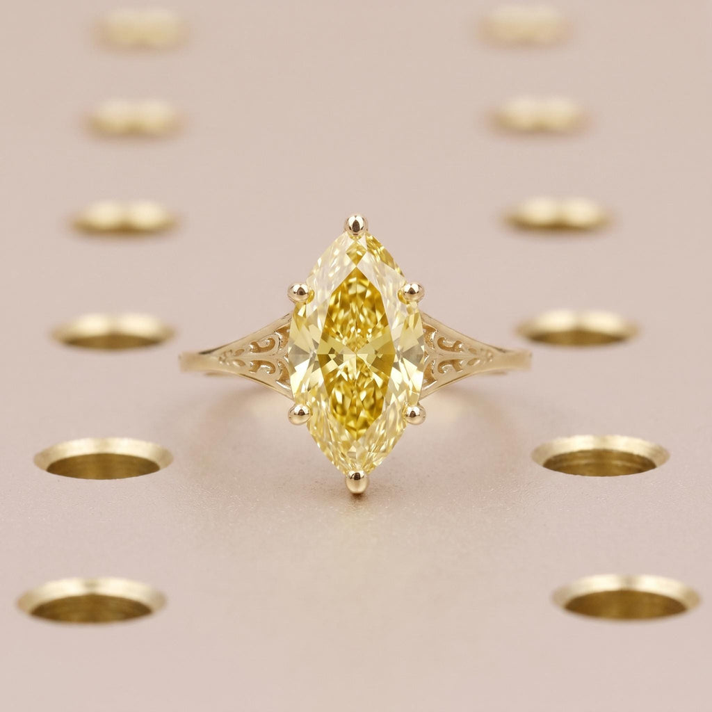 Marquise Moissanite Solitaire Engagement Ring | Yellow Gemstone Ring Vintage Jewelry | Victorian Filigree Wedding Band for Women image #2