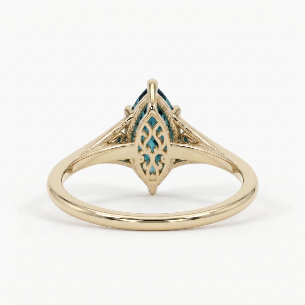 Teal Sapphire Engagement Ring | Marquise cut Solitaire Ring Vintage Jewelry | Victorian Filigree Wedding Band for Women image #4