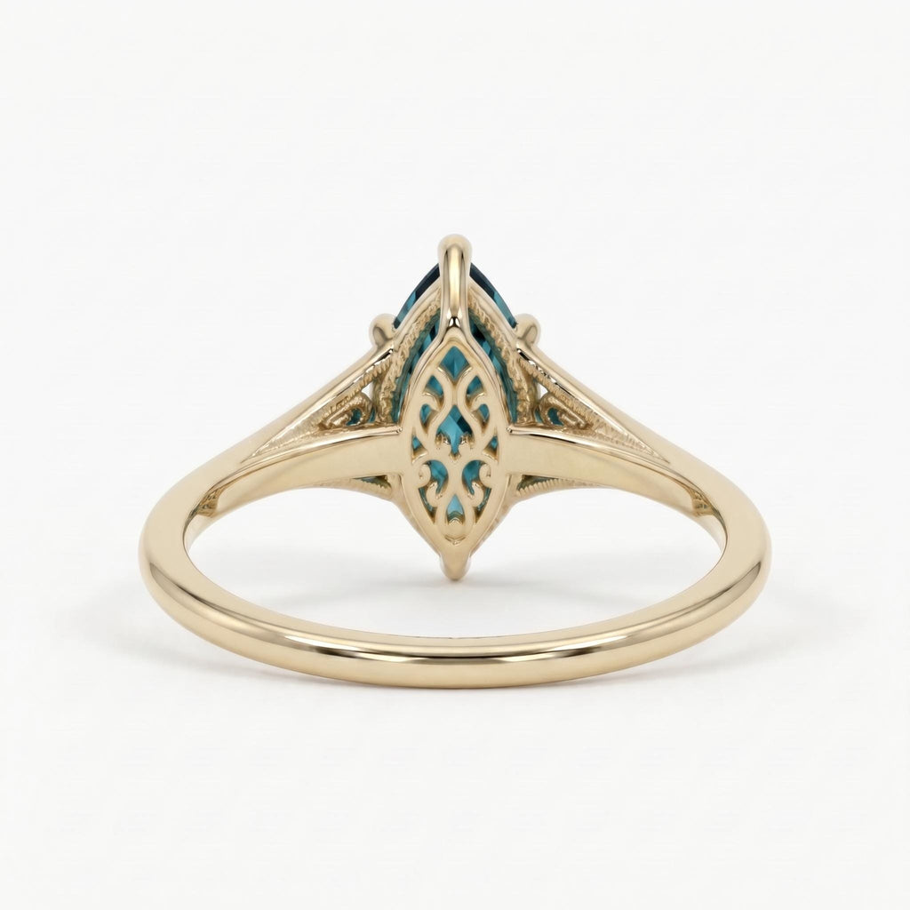 14k Yellow Gold Blue Green Gemstone Engagement Ring | Sapphire Solitaire Antique Proposal Ring | Wedding Anniversary Gift for Her image #3