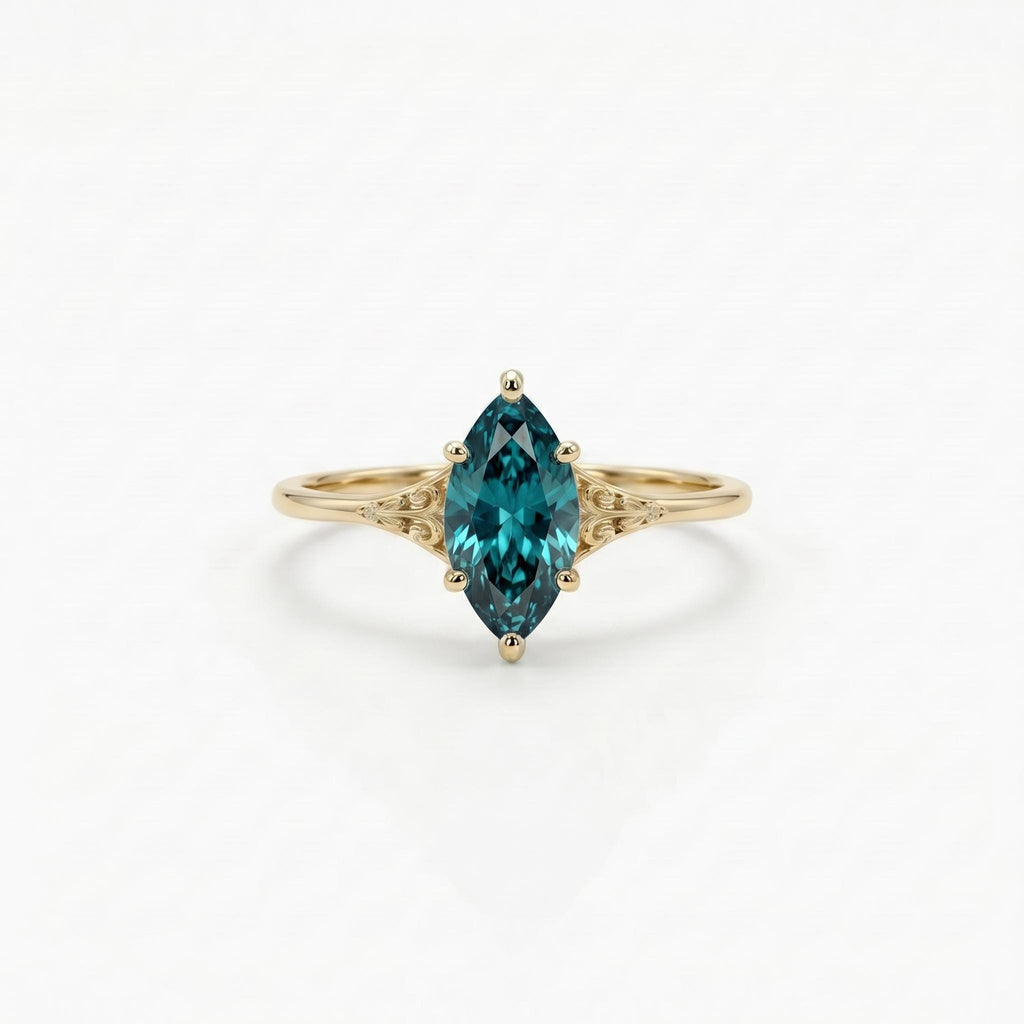 Teal Sapphire Engagement Ring | Marquise cut Solitaire Ring Vintage Jewelry | Victorian Filigree Wedding Band for Women image #1