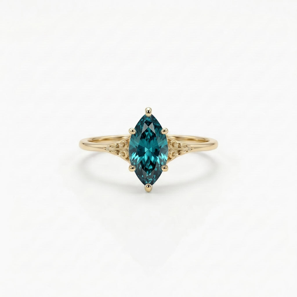 14k Yellow Gold Blue Green Gemstone Engagement Ring | Sapphire Solitaire Antique Proposal Ring | Wedding Anniversary Gift for Her image #2