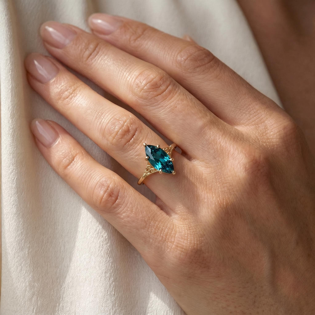 14k Yellow Gold Blue Green Gemstone Engagement Ring | Sapphire Solitaire Antique Proposal Ring | Wedding Anniversary Gift for Her image #1