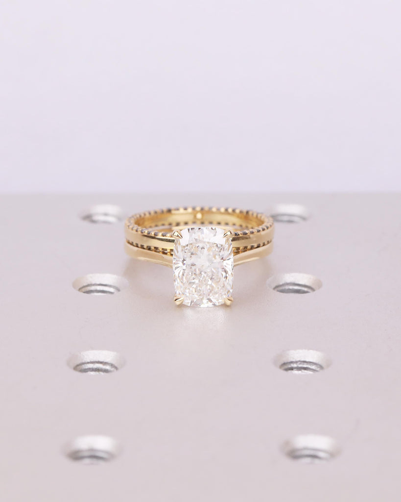 Elongated Cushion Cut Lab Grown Diamond Wedding Ring Set, Black Diamond Stacking Rings in 18k Gold image #10