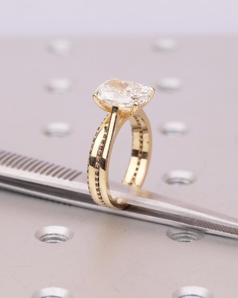 Elongated Cushion Cut Lab Grown Diamond Wedding Ring Set, Black Diamond Stacking Rings in 18k Gold image #9
