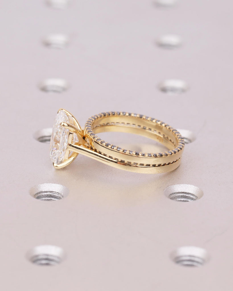 Black Diamond, Moissanite Engagement Ring Set, 18k Solid Gold Elongated Cushion Cut Ring image #9