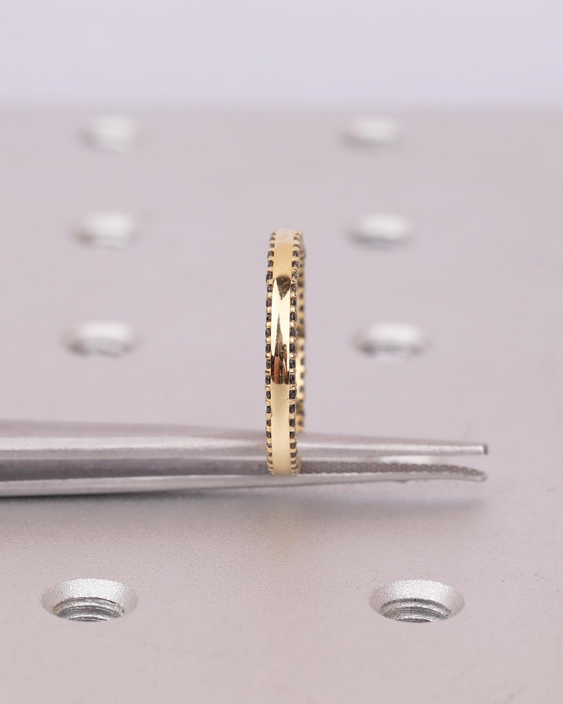 18k Solid Gold Wedding Band, Pave Round Black Diamond Double Row Eternity Band, Unique Stackable Rings for Women, Art Deco Anniversary Ring image #5