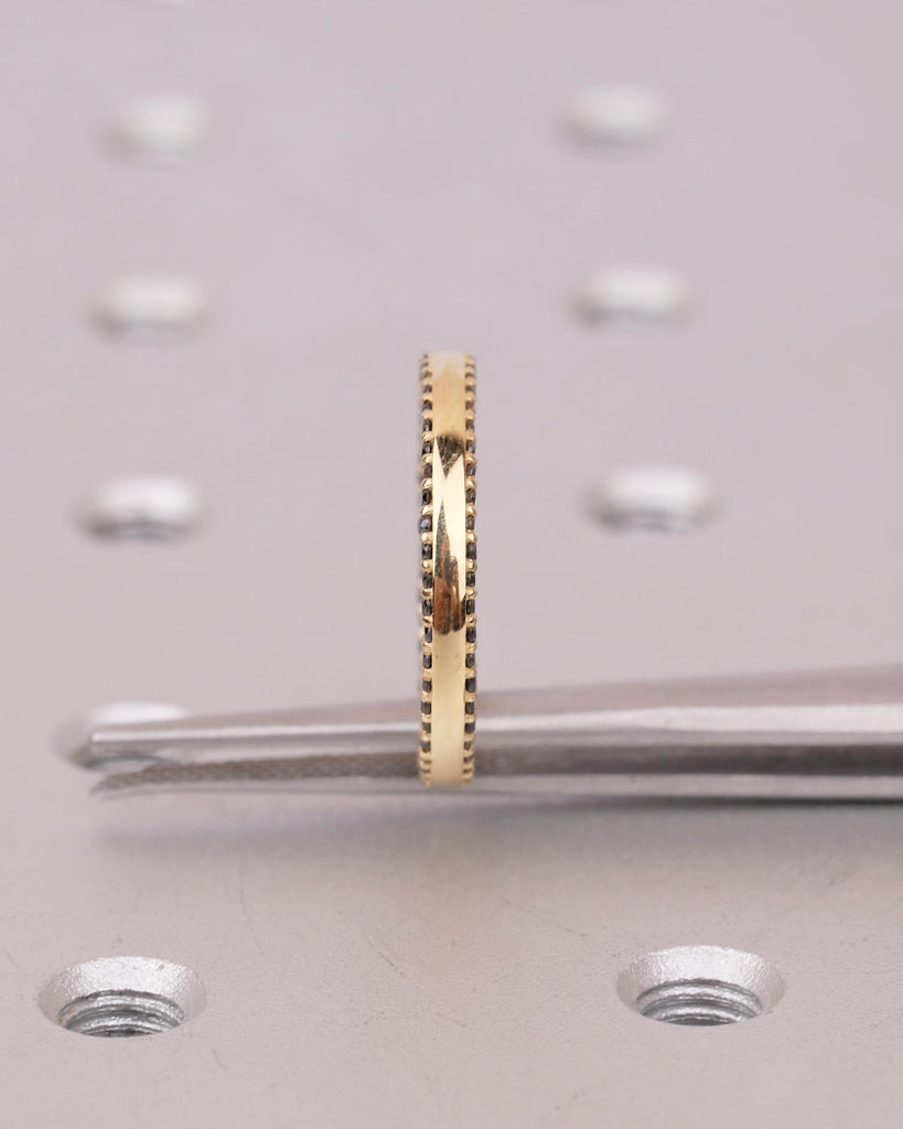 18k Solid Gold Wedding Band, Pave Round Black Diamond Double Row Eternity Band, Unique Stackable Rings for Women, Art Deco Anniversary Ring image #9