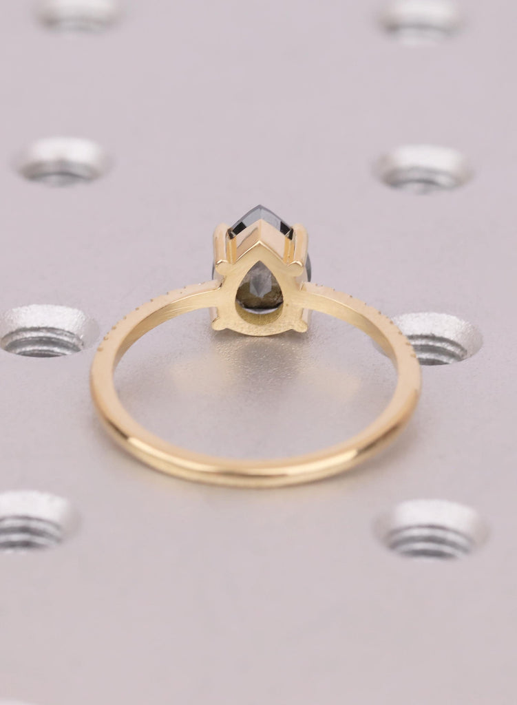 Pear Cut Salt and Pepper Diamond Ring, 18K Yellow Gold, Talon Prong Setting, Alternative Engagement Ring image #5