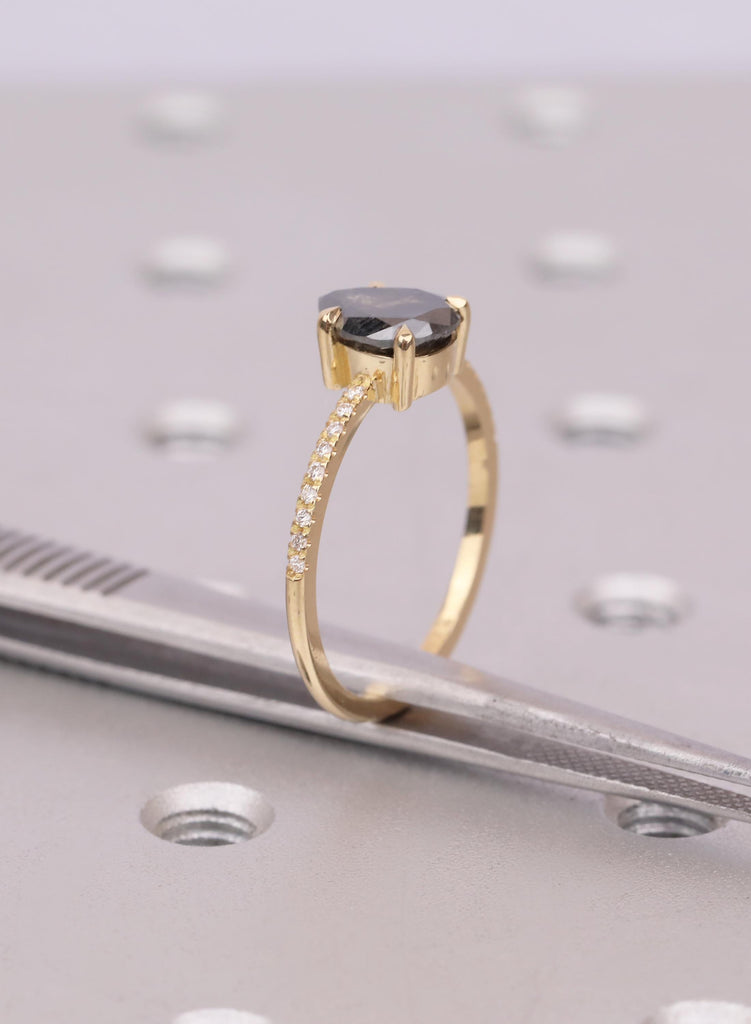 Pear Cut Salt and Pepper Diamond Ring, 18K Yellow Gold, Talon Prong Setting, Alternative Engagement Ring image #11