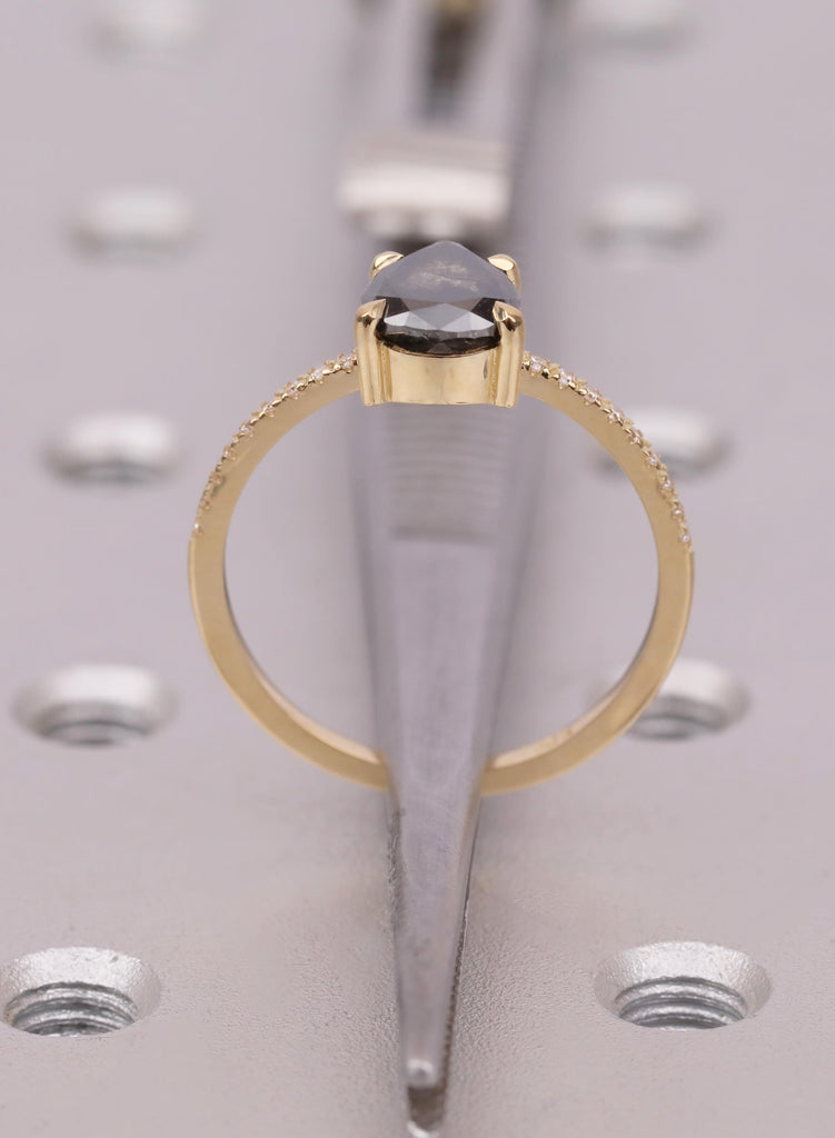 Salt and Pepper Diamond Engagement Ring, Unique Promise Ring for Her, 18k Gold Ring, Alternative Engagement Ring, Vintage Pear Diamond Ring image #10