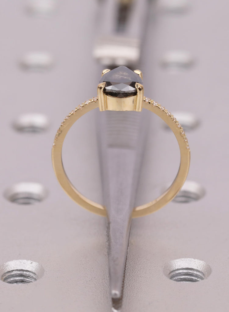 Pear Cut Salt and Pepper Diamond Ring, 18K Yellow Gold, Talon Prong Setting, Alternative Engagement Ring image #10