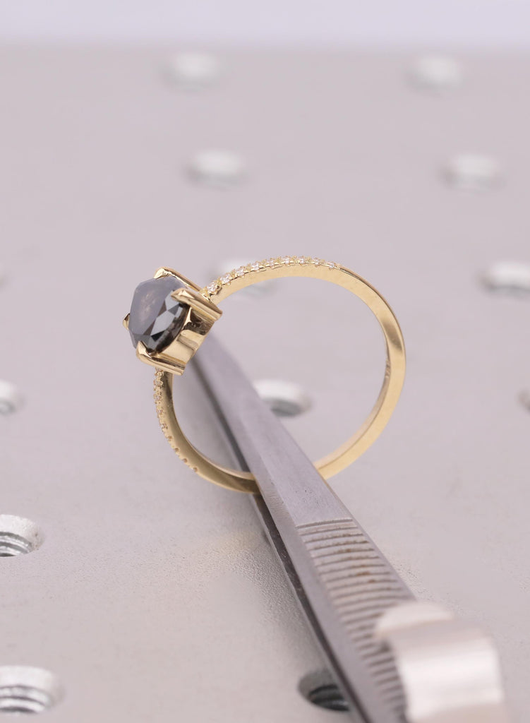 Salt and Pepper Diamond Engagement Ring, Unique Promise Ring for Her, 18k Gold Ring, Alternative Engagement Ring, Vintage Pear Diamond Ring image #8