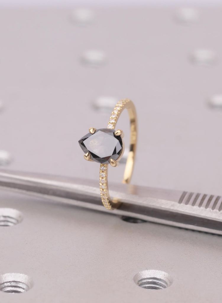 Pear Cut Salt and Pepper Diamond Ring, 18K Yellow Gold, Talon Prong Setting, Alternative Engagement Ring image #7