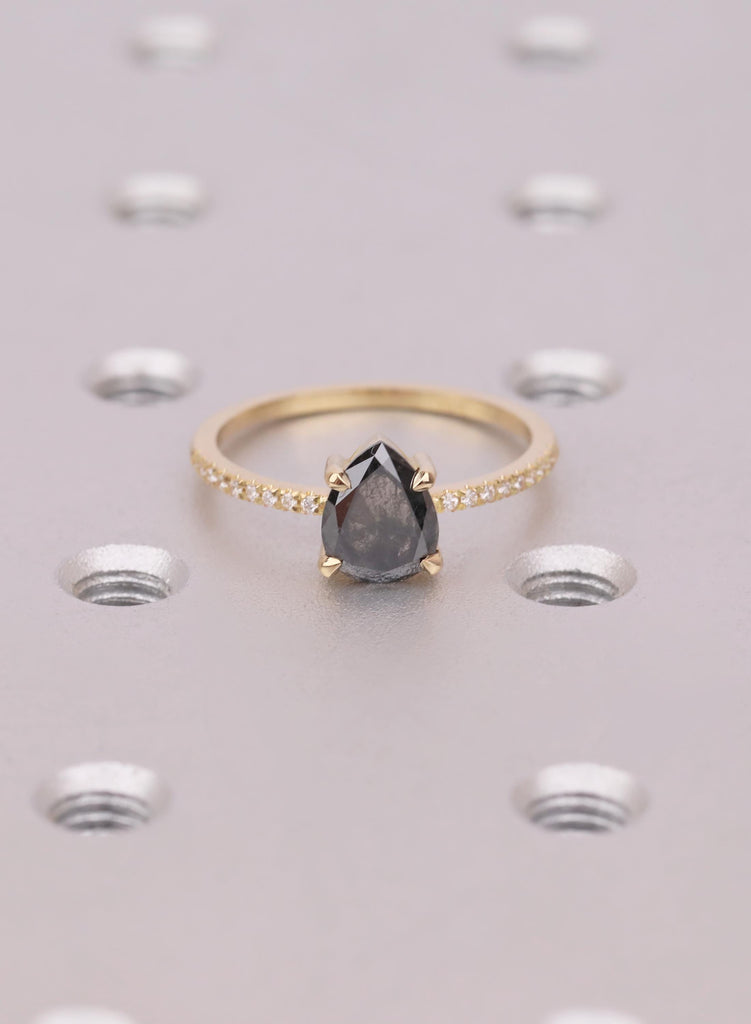 Pear Cut Salt and Pepper Diamond Ring, 18K Yellow Gold, Talon Prong Setting, Alternative Engagement Ring image #2