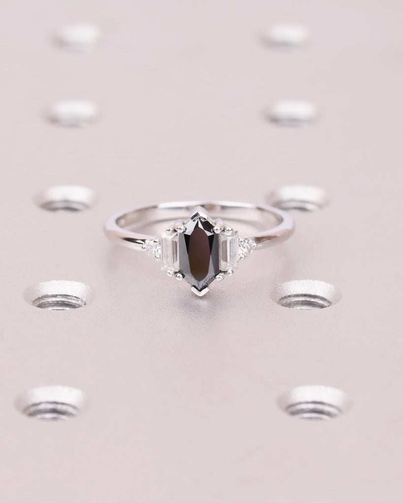 Black Moissanite Engagement Ring, Dutch Marquise Moissanite, Round & Baguette Diamond Accents, Vintage Solid 14K Gold Art Deco Promise Ring