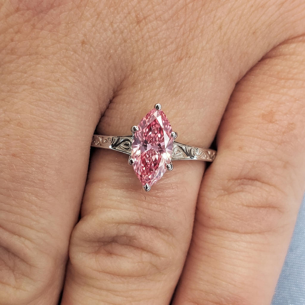 Pink Diamonds Engagement Ring | Marquise cut Solitaire Solid Gold Wedding Ring for Women | Vintage Bridal Jewelry Anniversary Gift image #2