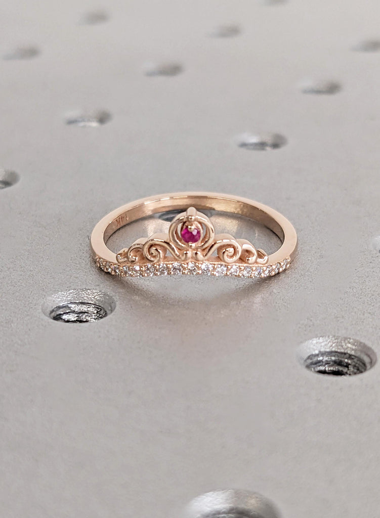 Rose Gold Crown Wedding Ring, Ruby Tiara Ring, Curved Gold Stackable Ring, Unique Princess Crown Ring, Dainty Red Gemstone Anniversary Gift image #2