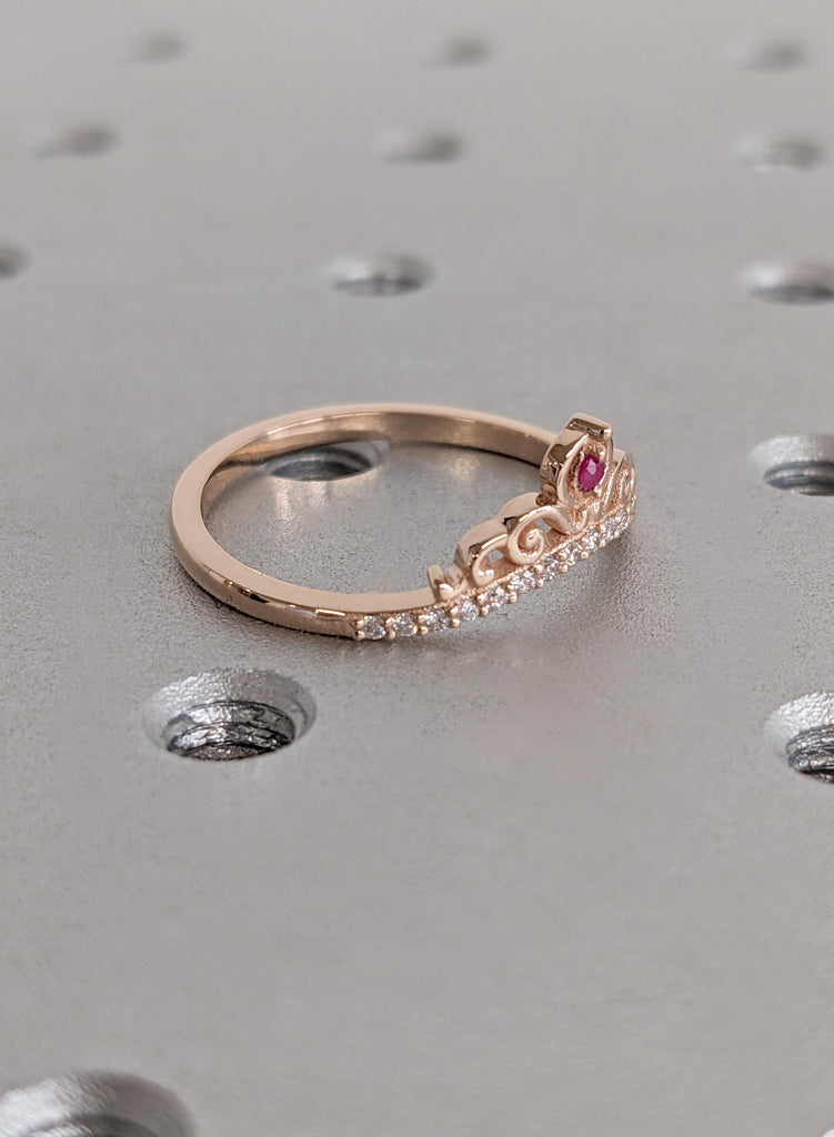 Ruby Crown Wedding Band, Rose Gold Tiara Ring, Curved Diamond Chevron Band, Matching Stacking Bridal Ring, Princess Promise Ring For Her image #8