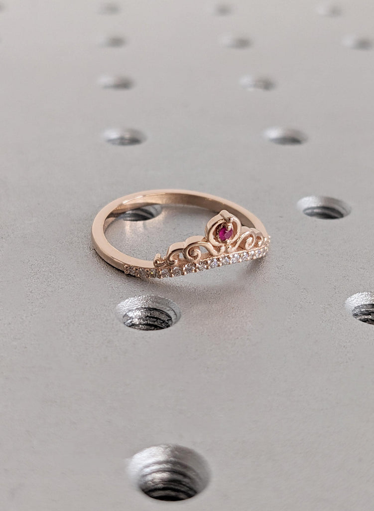 Ruby Crown Wedding Band, Rose Gold Tiara Ring, Curved Diamond Chevron Band, Matching Stacking Bridal Ring, Princess Promise Ring For Her image #7
