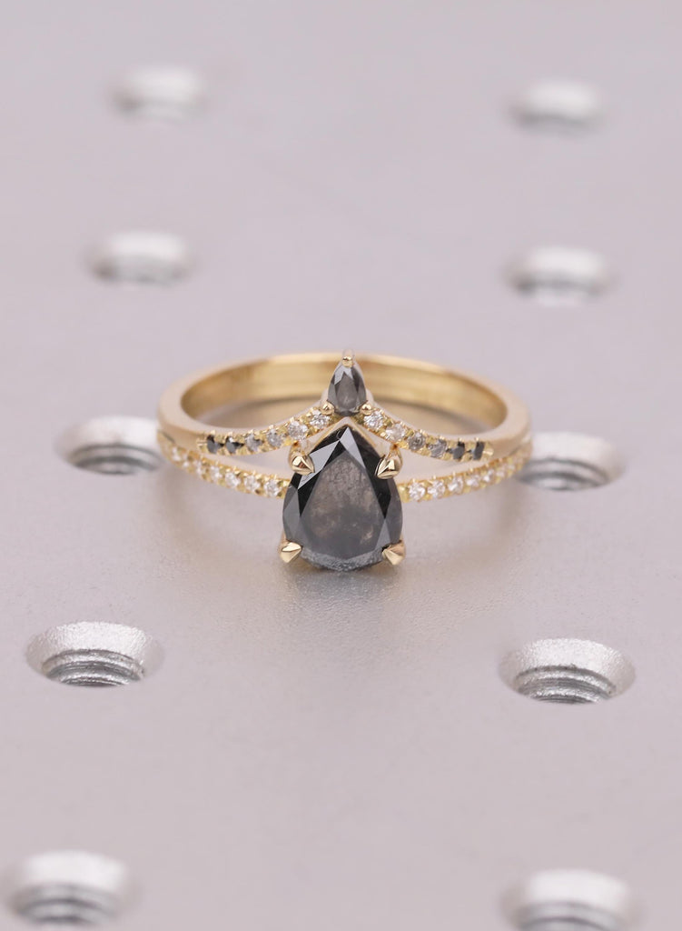 Raw Salt and Pepper Kite Diamond Ring Set, 18k Yellow Gold, Moissanite Accents, Crown Style Matching Band image #4