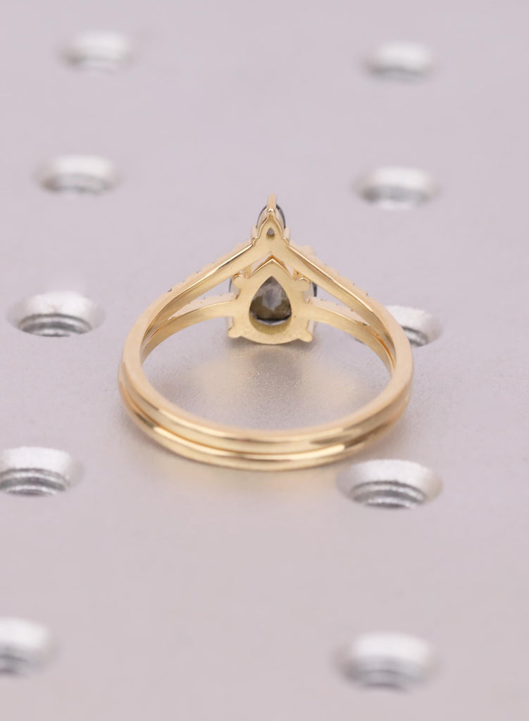 Raw Salt and Pepper Kite Diamond Ring Set, 18k Yellow Gold, Moissanite Accents, Crown Style Matching Band image #7