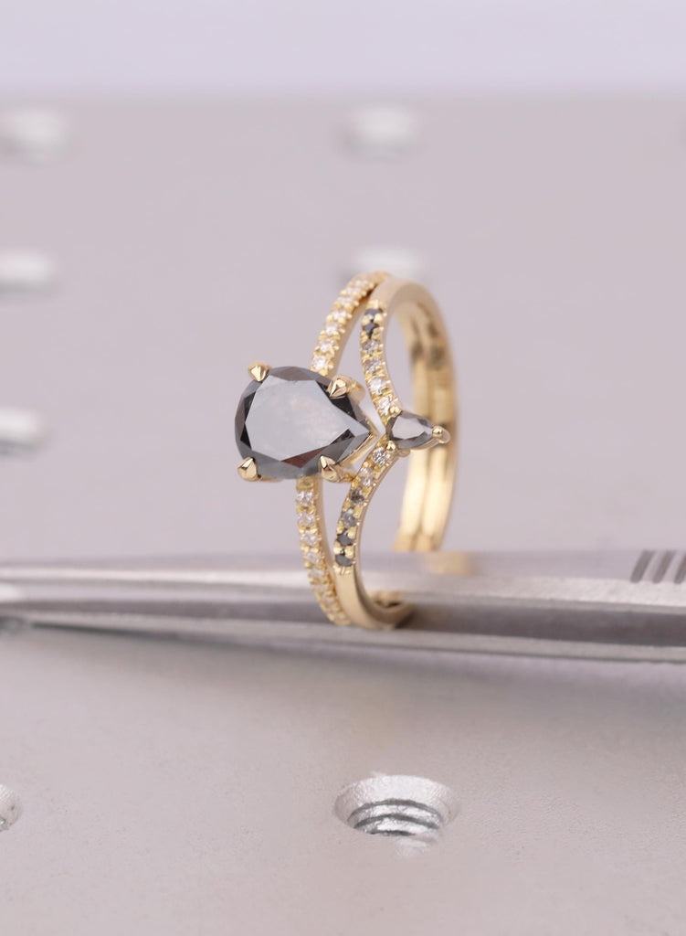 Unique Bridal Set with Pear Salt and Pepper Diamond, Lab Grown Diamond Band, Ethical 18K Yellow Gold Engagement Ring, Ombre Diamond Set image #10