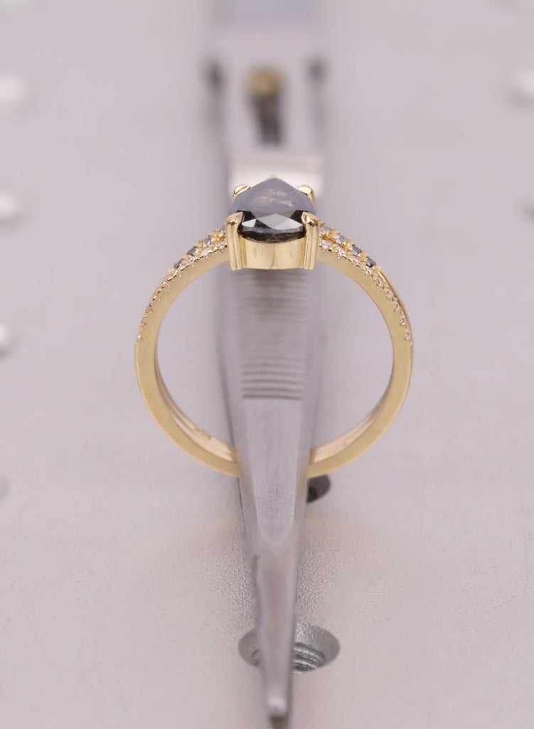 Pear Salt and Pepper Diamond Bridal Set, 18K Gold Ombre Band, Unique Engagement Ring image #11