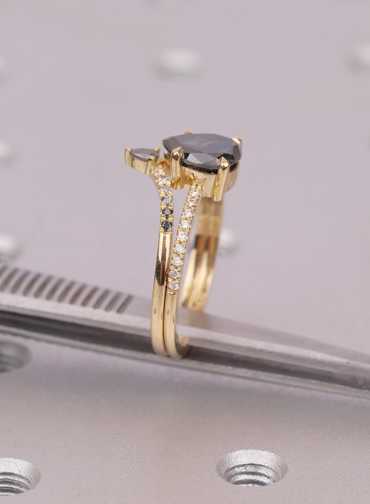 2Pcs Pear Cut Salt and Pepper Diamond Ring Set, Moissanite Band, 14k/18K Gold Bridal Set, Curved Ombre Diamond Ring, Bridal Jewelry set Gift image #12
