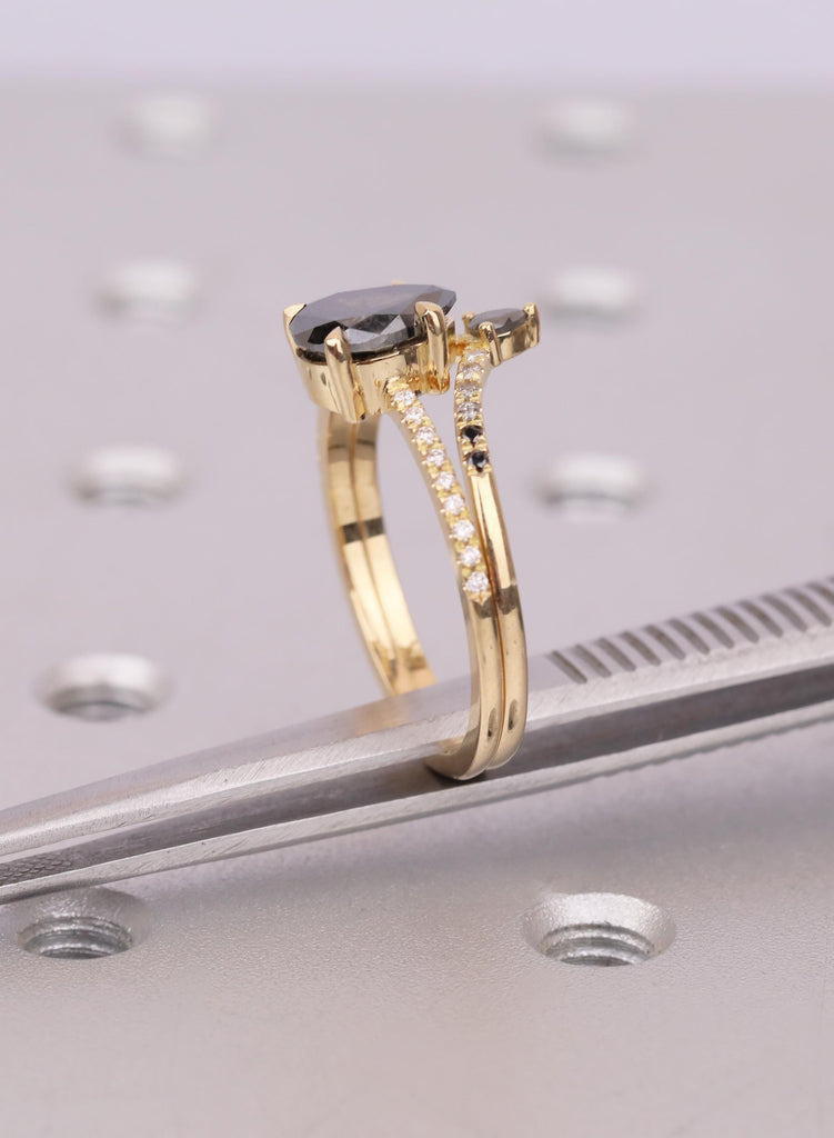 Unique Bridal Set with Pear Salt and Pepper Diamond, Lab Grown Diamond Band, Ethical 18K Yellow Gold Engagement Ring, Ombre Diamond Set image #14