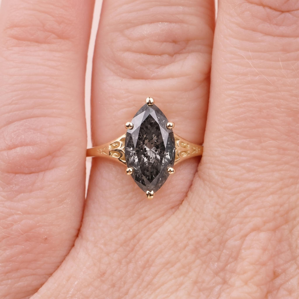 Salt and Pepper Black Diamond Engagement Ring for Women | Marquise cut Solitaire Ring | Vintage Gold Jewelry image #4