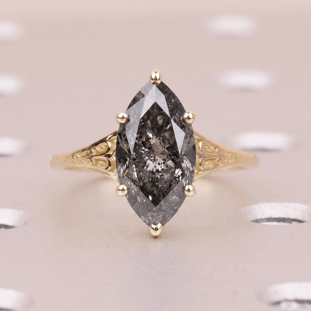 14k Yellow Gold Victorian Filigree Wedding Band | Marquise Diamond Solitaire Antique Proposal Ring | Wedding Anniversary Gift for Her image #3