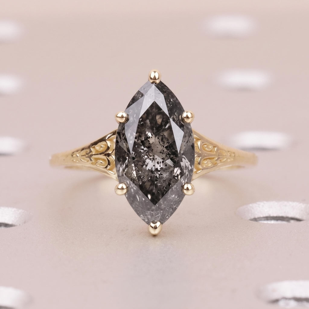 Salt and Pepper Black Diamond Engagement Ring for Women | Marquise cut Solitaire Ring | Vintage Gold Jewelry image #1