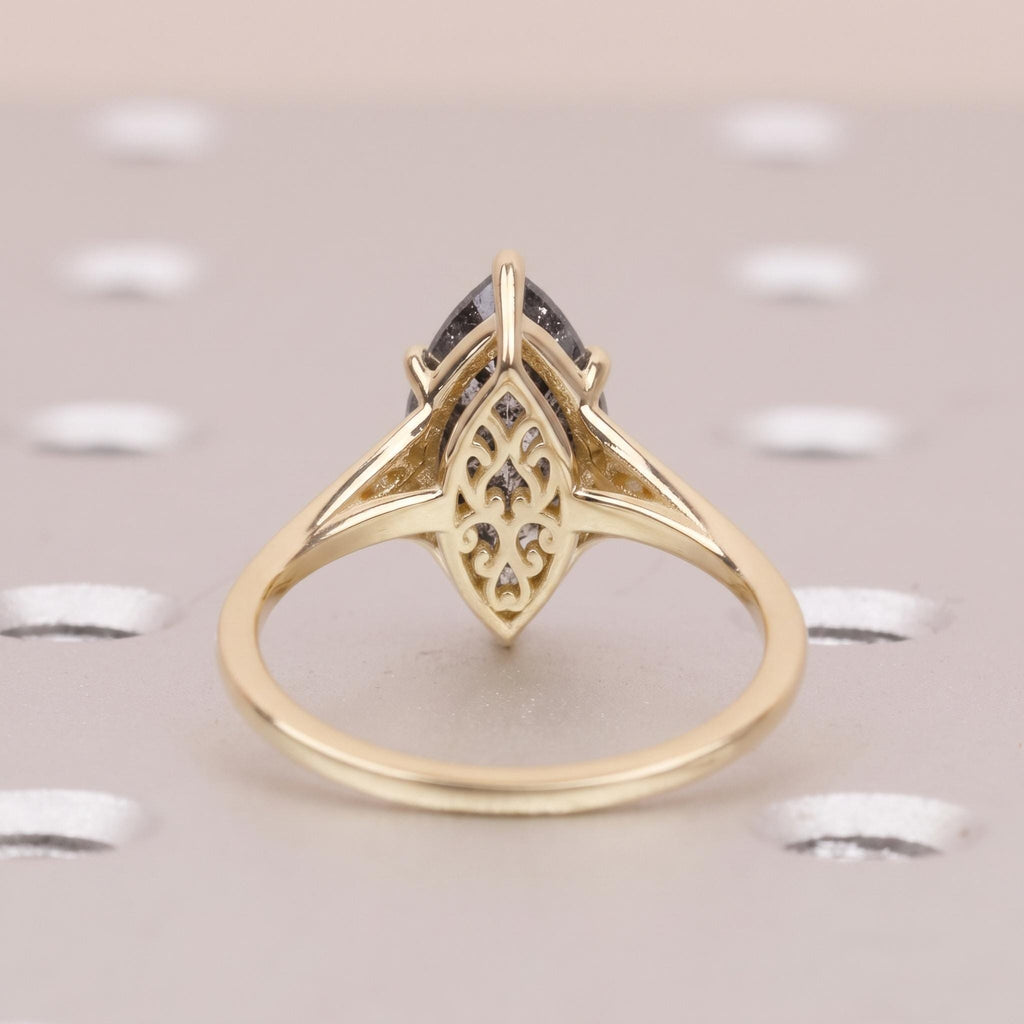 Salt and Pepper Black Diamond Engagement Ring for Women | Marquise cut Solitaire Ring | Vintage Gold Jewelry image #3
