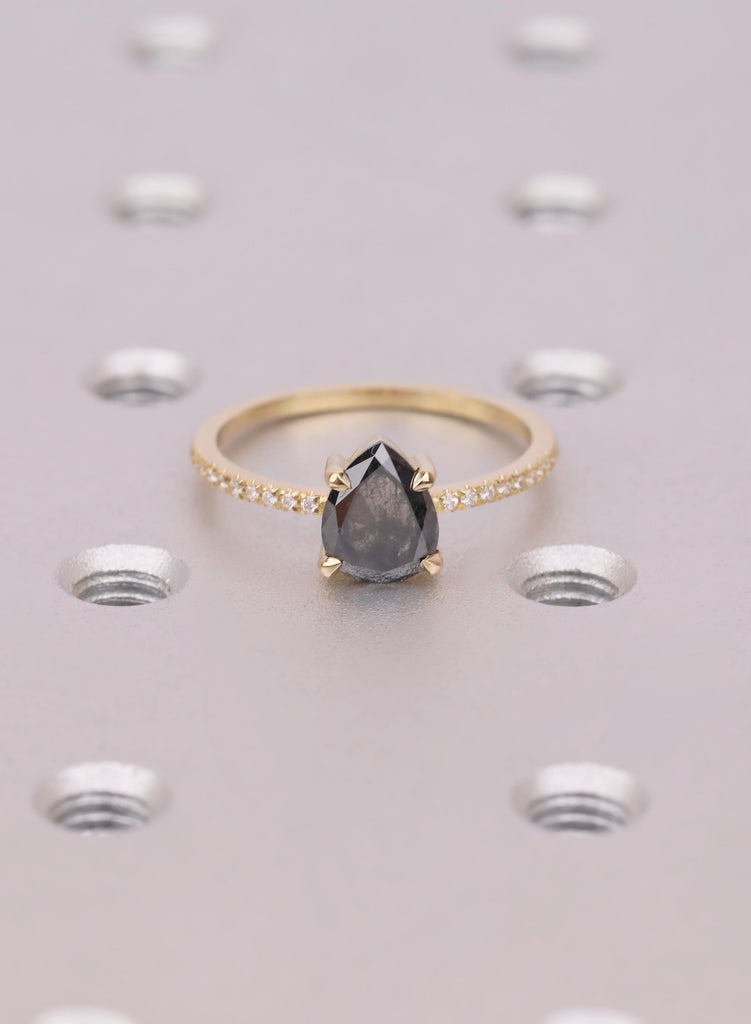 2Pcs Pear Cut Salt and Pepper Diamond Ring Set, Moissanite Band, 14k/18K Gold Bridal Set, Curved Ombre Diamond Ring, Bridal Jewelry set Gift image #16