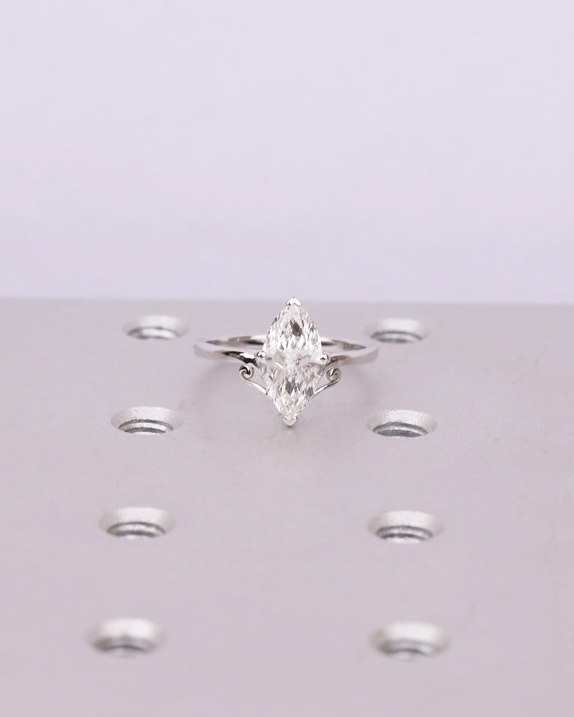 Unique Solitaire Moissanite Engagement Ring, Filigree 18k White Gold Marquise Cut Ring image #4