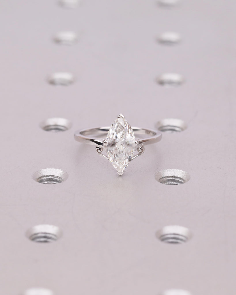Unique Solitaire Moissanite Engagement Ring, Filigree 18k White Gold Marquise Cut Ring image #8