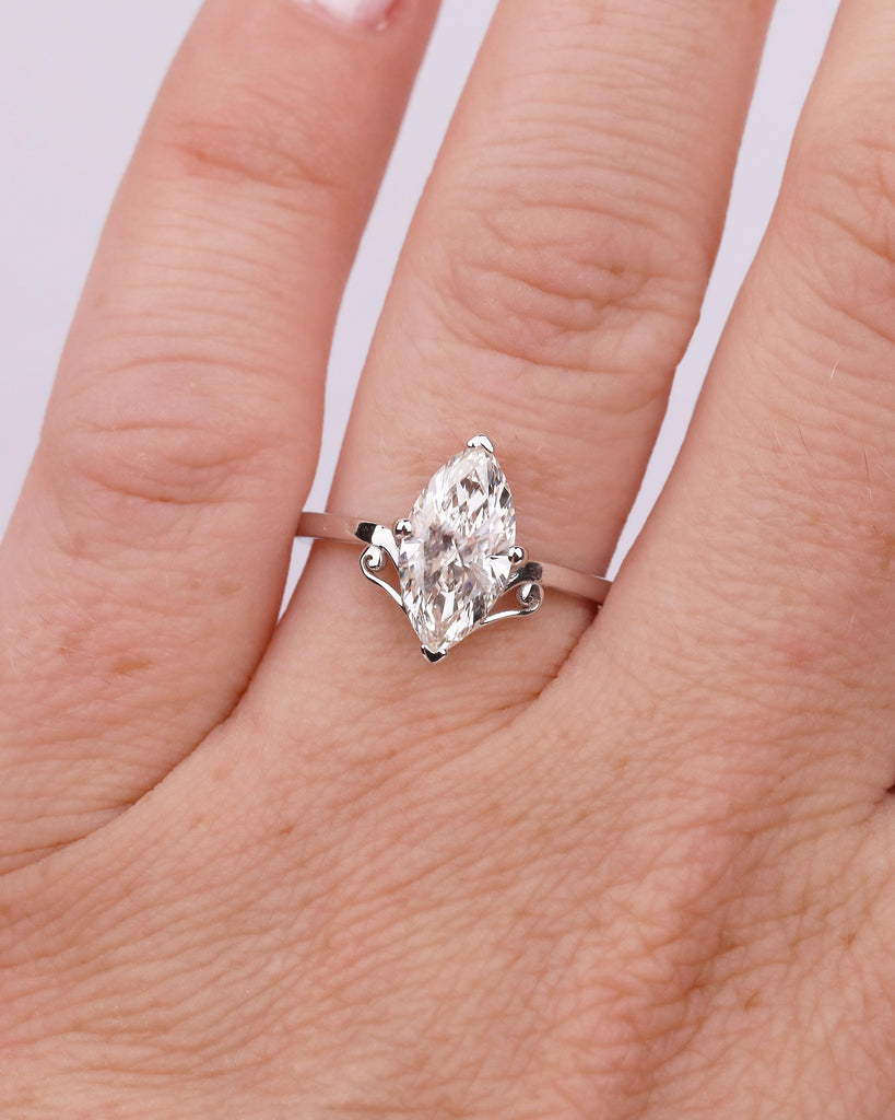 IGI Certified Lab Diamond Marquise Ring, Vintage Scroll Design, Art Deco 18k White Gold Engagement Ring, Unique Personalized Bridal Jewelry image #15