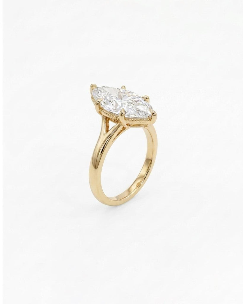 14k Solid Gold Marquise Moissanite Engagement Ring, Unique Split Shank Minimalist Ring image #4