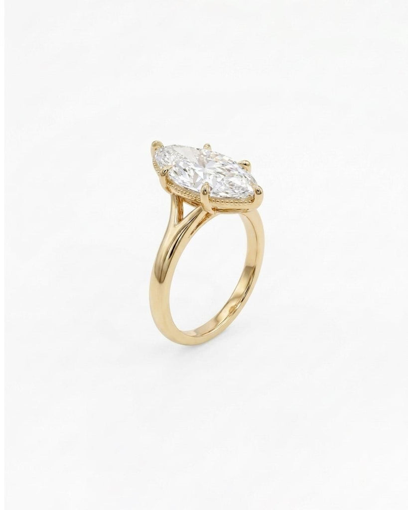Vintage Style Marquise Cut Moissanite Ring, Solitaire Engagement Ring, Milgrain 14k Gold Statement Jewelry, Split Shank Anniversary Rings image #4