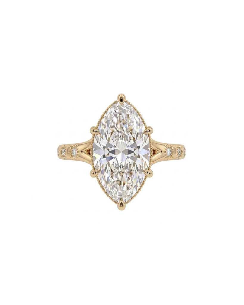 Marquise Cut Lab Grown Diamond Engagement Ring, Milgrain 14k Yellow Gold Promise Ring for Her, Starburst Accent, Split Shank Wedding Rings image #3