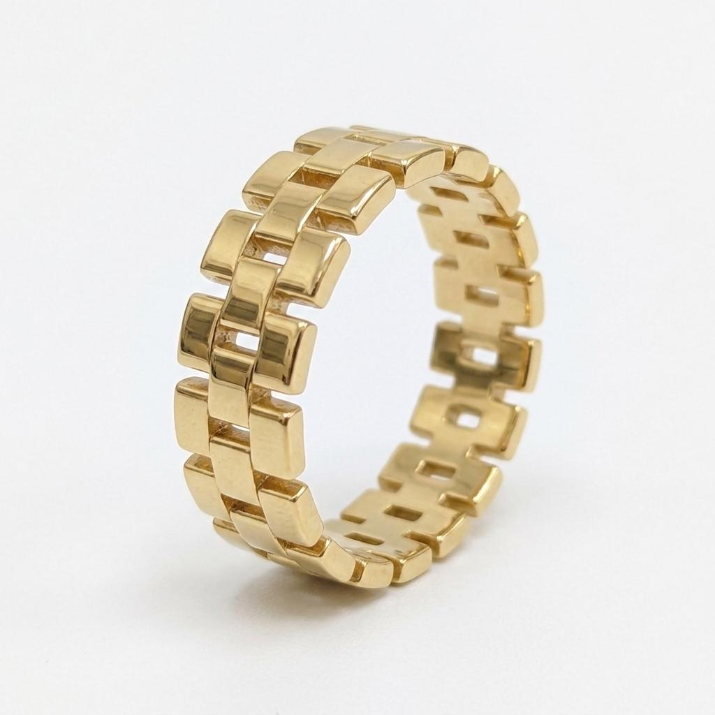 Chunky Gold Brick Link Ring, Minimalist Luxury Band, Modern Stackable Ring, Geometric Gold Ring, Alternative Wedding Band, Fine Jewelry image #3