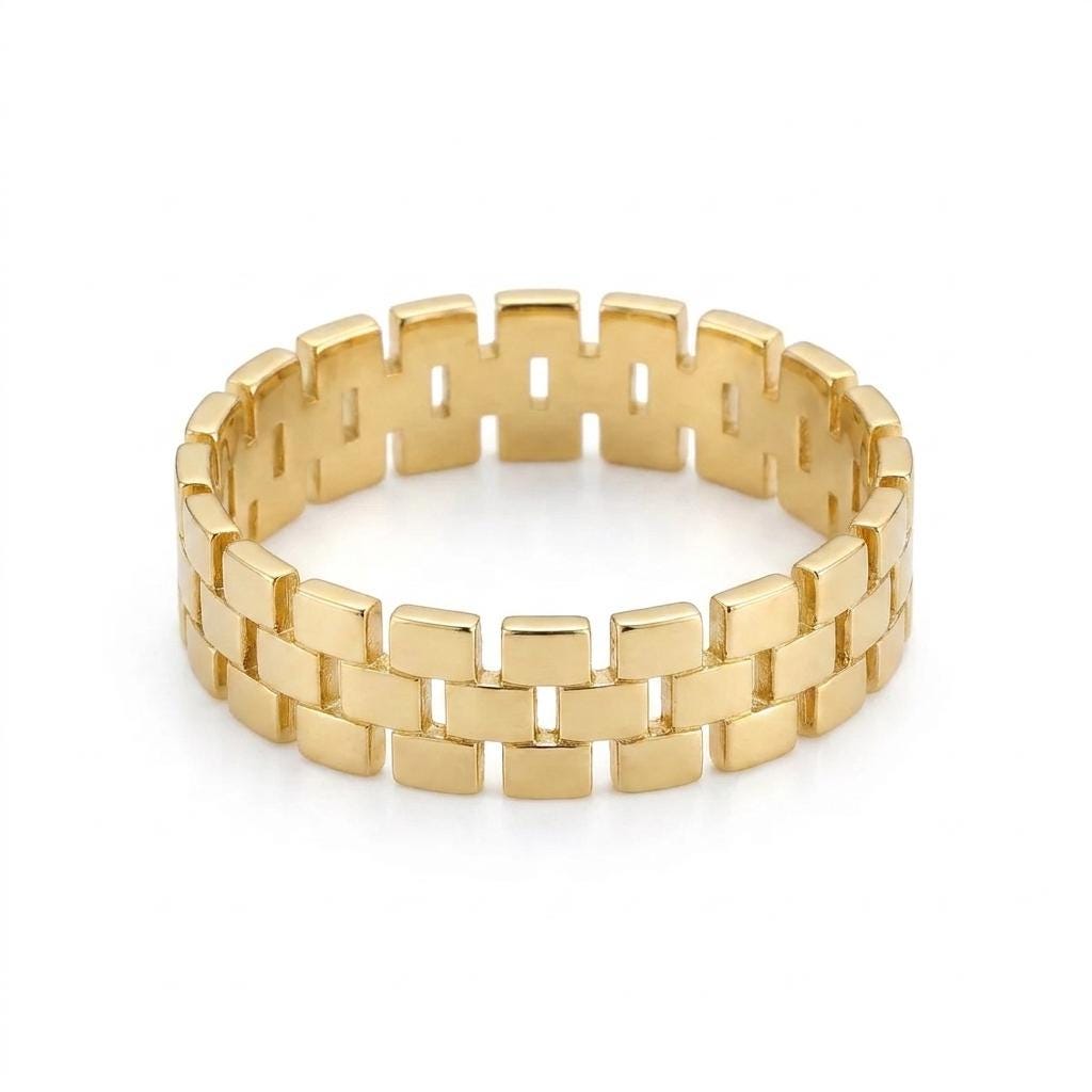 Gold Watch Link Ring, Thick Brick Pattern Band, Chunky Gold Wedding Band, Unisex Statement Ring Modern Geometric Stackable Ring Gift for Her image #1