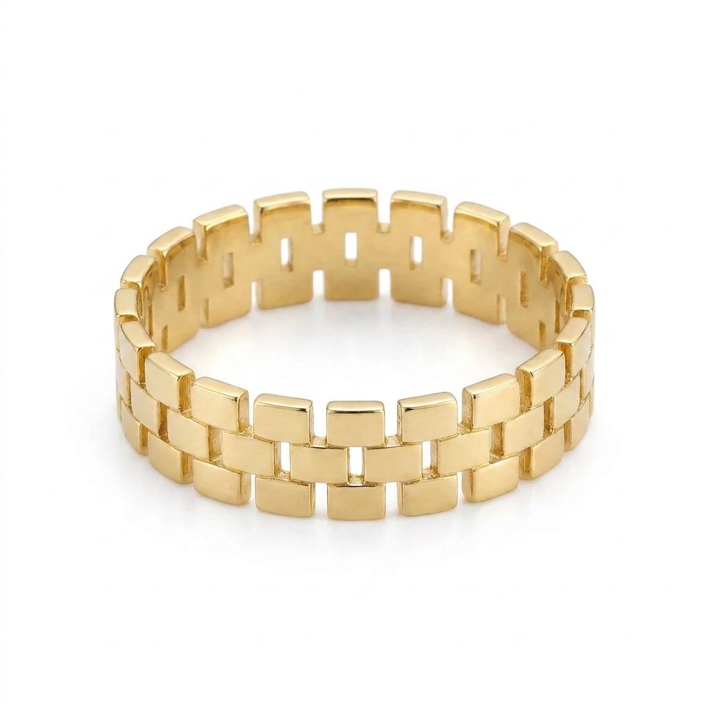 Chunky Gold Brick Link Ring, Minimalist Luxury Band, Modern Stackable Ring, Geometric Gold Ring, Alternative Wedding Band, Fine Jewelry image #2