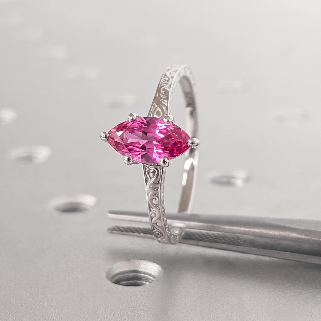 Vintage Pink Sapphire Solitaire Engagement Ring | Marquise cut 14k/18k Gold Wedding Ring for Women | Bridal Jewelry Anniversary Gift image #3
