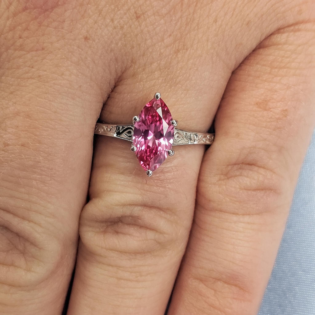 Vintage Pink Sapphire Solitaire Engagement Ring | Marquise cut 14k/18k Gold Wedding Ring for Women | Bridal Jewelry Anniversary Gift image #2
