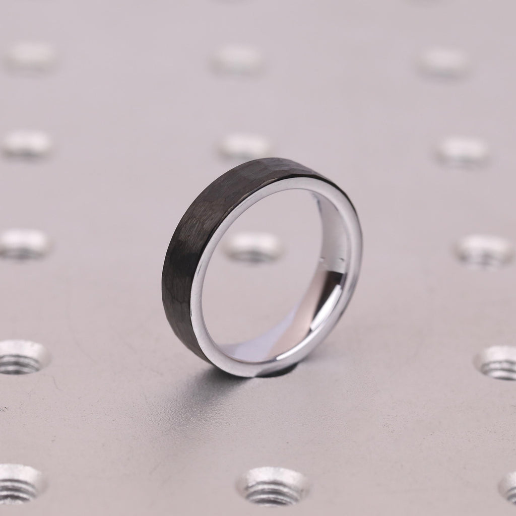 Black Tungsten Wedding Ring for Him | 5MM Hammered Brushed Finish Comfort Fit Ring | Rugged Manly Bands image #3