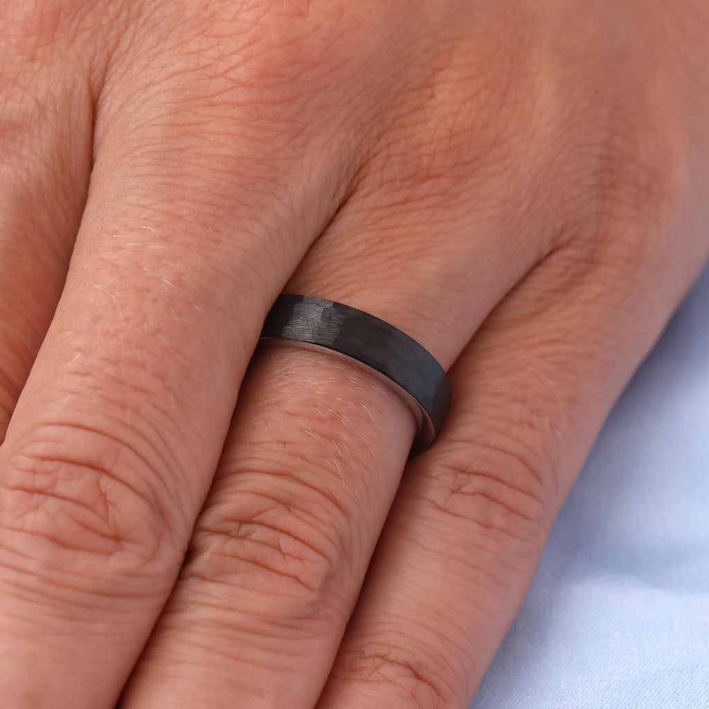 Black Tungsten Wedding Ring for Him | 5MM Hammered Brushed Finish Comfort Fit Ring | Rugged Manly Bands image #9