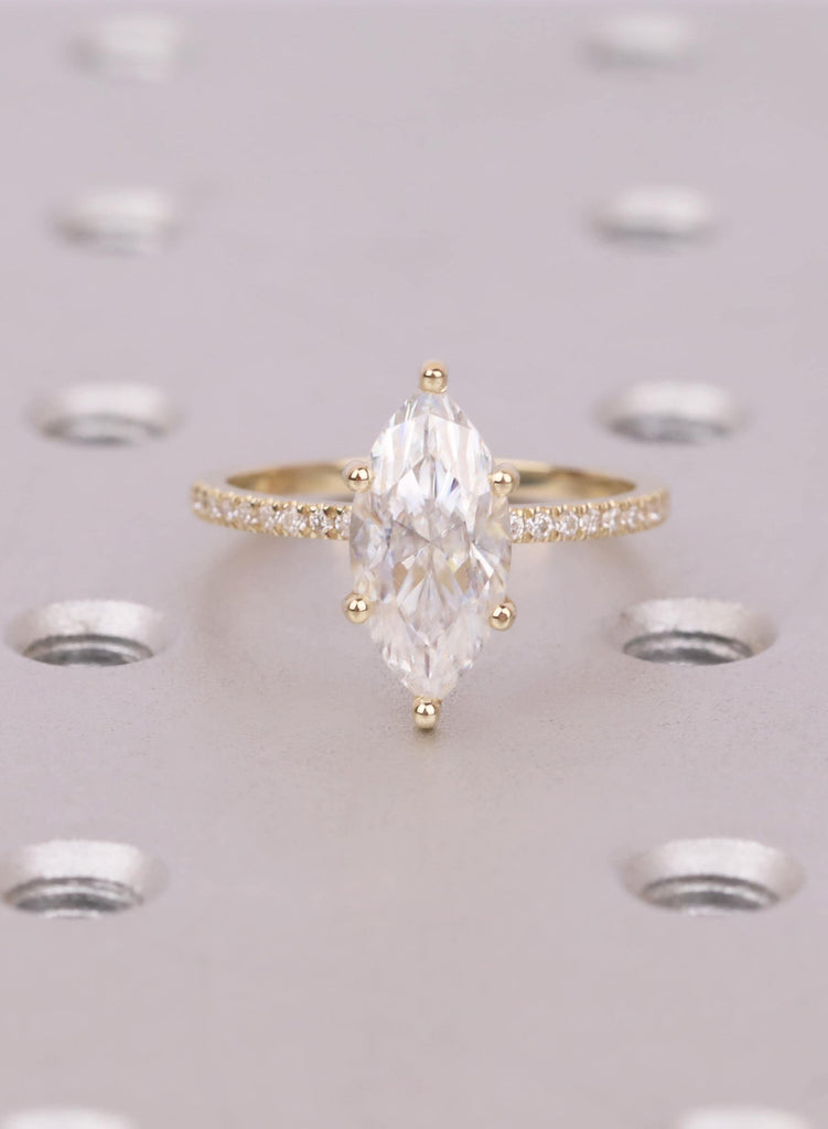 Moissanite Marquise Cut 14K Yellow Gold Engagement Ring, Hidden Halo Diamond Band, Gift for Wife image #3
